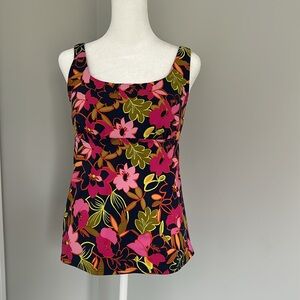 Lands’ End 6DD-Cup Square Neck Tankini Top Floral Navy Blue Pink and Green